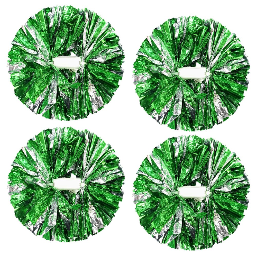 CREATIEE-PRO 4Pcs Metallic Cheerleading Pom Poms, 2 Pair Cheerleader Cheering Squad Pompoms for School Sports Dance Games Team Spirit Cheer(Green-Silver)