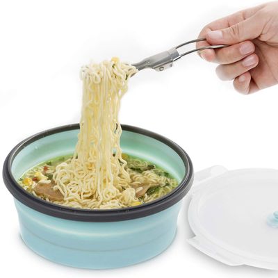 COLORCORAL Camping Bowl with Lid Large Collapsible Silicone Bowl(1200ml/42oz) and Foldable Stainless Steel Fork for Travel and Camping Microvave and Fridge Food Storage
