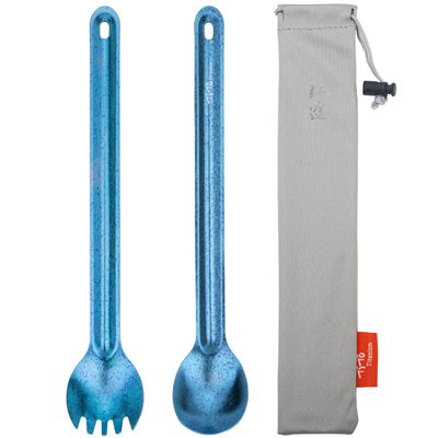 TiTo Titanium Long Handle Spork and Spoon Eco-Friendly Ultralight Portabale Flatware for Outdoor Camping Backpacking Hiking Travel Picnic Tableware with Bag (2Pcs Blue)