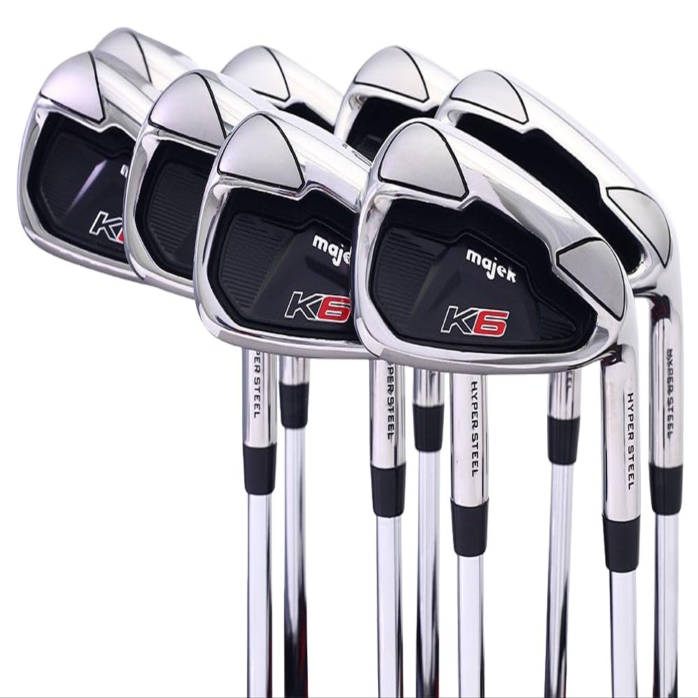 Majek K6 Iron Set +1 inch Over Big & Tall Men's 8-Piece Set (4-PW, SW) Right Handed Steel Shaft Regular Flex R Flex Club (Tall 6'0"+ / +1" Over) with Midsize Black Pro Velvet Grips