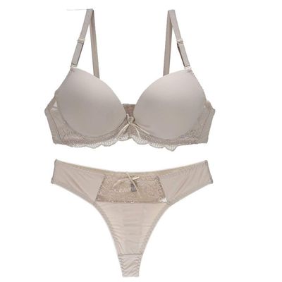 Swbreety Womens Bra and Panty Set Satin Bow Lace Underwire Bras Lingerie Set Beige