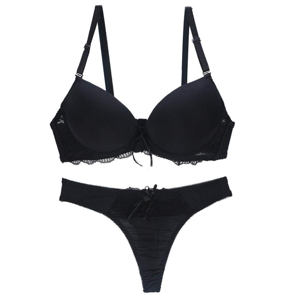 Sbreety Swbreety Women Bra and Panty Set Satin Bowknot Lace Underwire Bras Lingerie Set Black, 34B