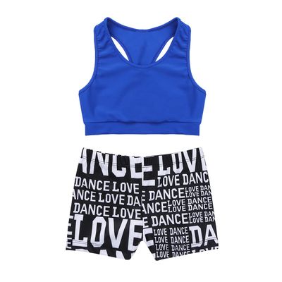 Moily Kids Girls Gymnastics/Dance/Sports Two Piece Outfit Racer Back Crop Top with Booty Shorts Swimwear Blue&Black 7-8