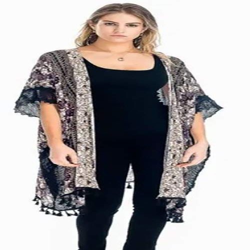 Baciano Floral Printed Shawl with Tatting Lace & Fringe Boho Coverup Poncho (Small)