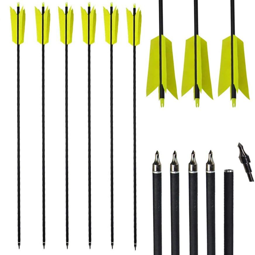 AMEYXGS 12 Pcs Archery Hunting Arrows Mix Carbon 30 Inch Flu Flu Arrows Spine 500 Target Practice Arrows with 4 Turkey Feather Replaceable Arrowhead for Outdoor Hunting Shooting(Yellow)