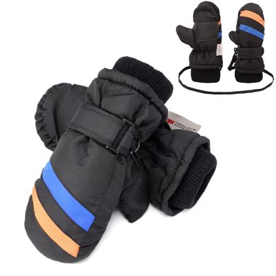 F Flammi Toddler Kids Snow Mittens with String Waterproof Ski Mittens Thinsulate Winter Gloves for Baby Girls Boys(Black, 4-6 Years)