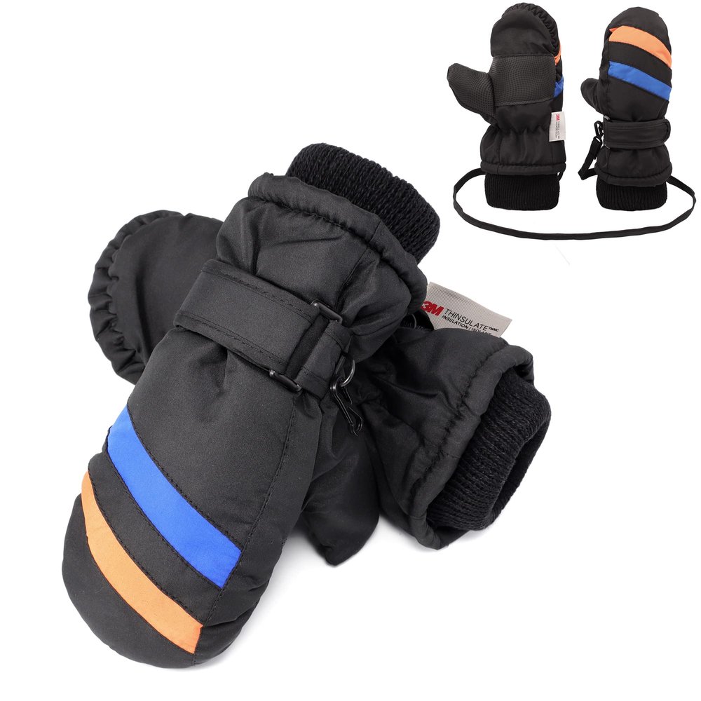 F Flammi Toddler Kids Snow Mittens with String Waterproof Ski Mittens Thinsulate Winter Gloves for Baby Girls Boys(Black, 4-6 Years)