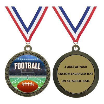 Custom Engraved 2-1/2 inch Metal Football Award Medals with Gold Finish and Attached 2 Inch Full Color Sport Insert. EG120 (Pack of 10)