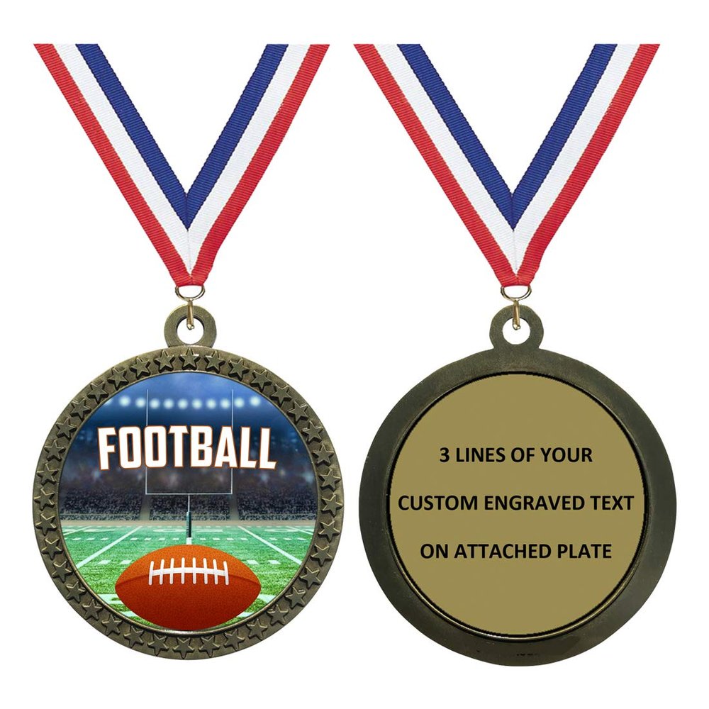 Custom Engraved 2-1/2 inch Metal Football Award Medals with Gold Finish and Attached 2 Inch Full Color Sport Insert. EG120 (Pack of 10)