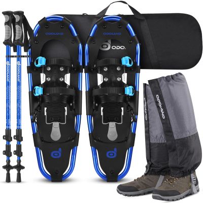 Odoland 4-in-1 Snowshoes Snow Shoes for Men and Women with Trekking Poles, Carrying Tote Bag and Waterproof Snow Leg Gaiters, Lightweight Aluminum Alloy Snow Shoes, Blue, Size 25''