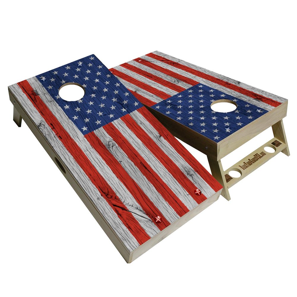 American Flag Series - Premium Cornhole Boards w Cupholders and a Handle - Includes 2 Regulation 4' x 2' Cornhole Boards w Premium Birch Plywood and 8 Cornhole Bags (Wood Flag)