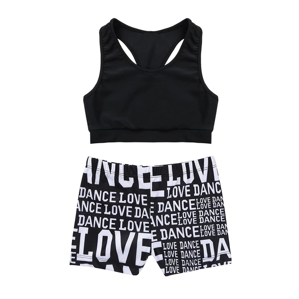 Moily Kids Girls Gymnastics/Dance/Sports Two Piece Outfit Racer Back Crop Top with Booty Shorts Swimwear Black 8-10