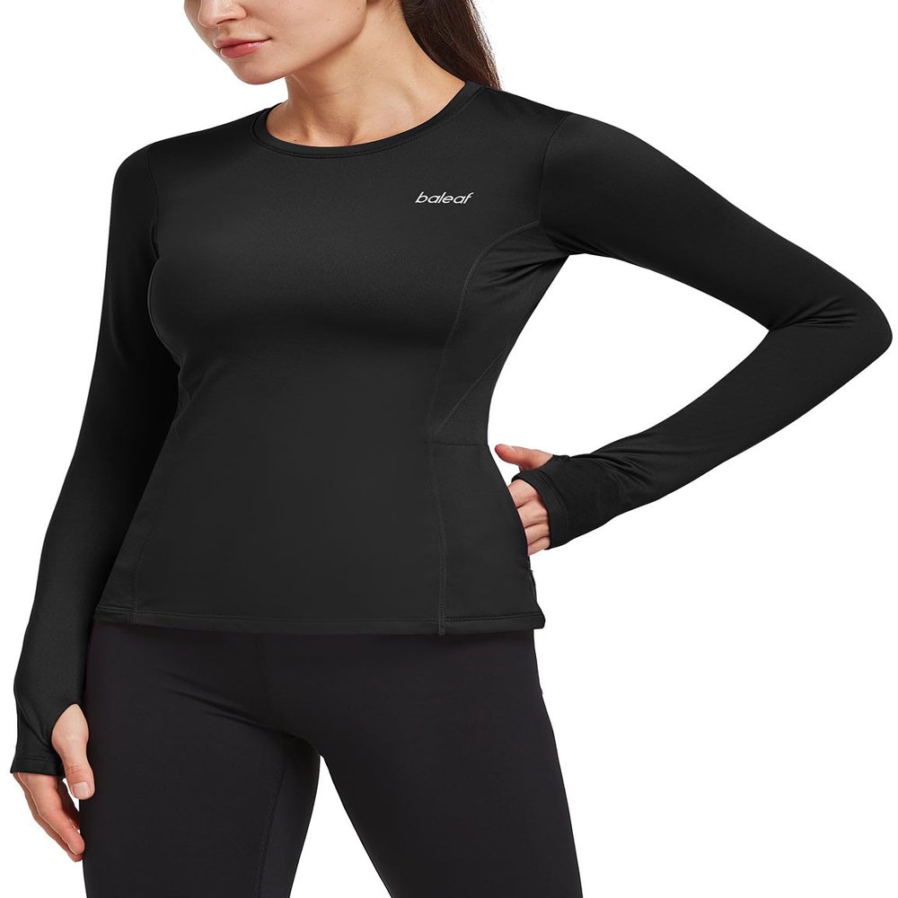 baleaf Women's Thermal Shirts Long Sleeve Fleece Lined Running Workout Tops Athletic Cold Weather Gear Winter Compression Zipper Pocket Black XS