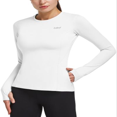 baleaf Women's Thermal Shirts Long Sleeve Workout Tops Running Athletic Zipper Pocket Fleece Lined Cold Weather Gear Winter Thumbholes White XL