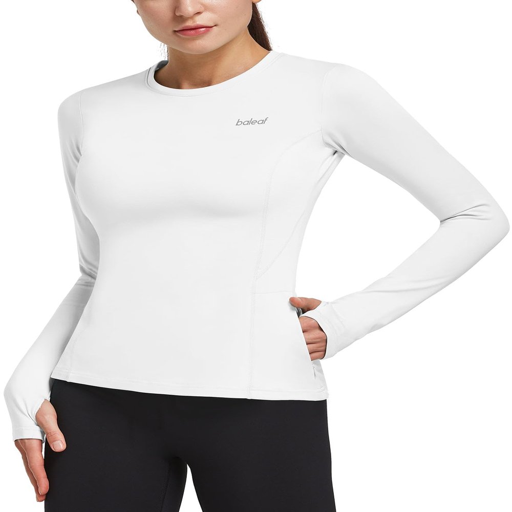 baleaf Women's Thermal Shirts Long Sleeve Workout Tops Running Athletic Zipper Pocket Fleece Lined Cold Weather Gear Winter Thumbholes White XL