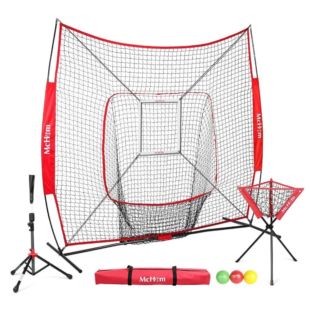 McHom 7' x 7' Baseball & Softball Practice Net Set with Travel Tee, Ball Caddy, 3 Weighted Balls & Strike Zone for Hitting, Pitching, Batting & Fielding Practice | Collapsible and Portable
