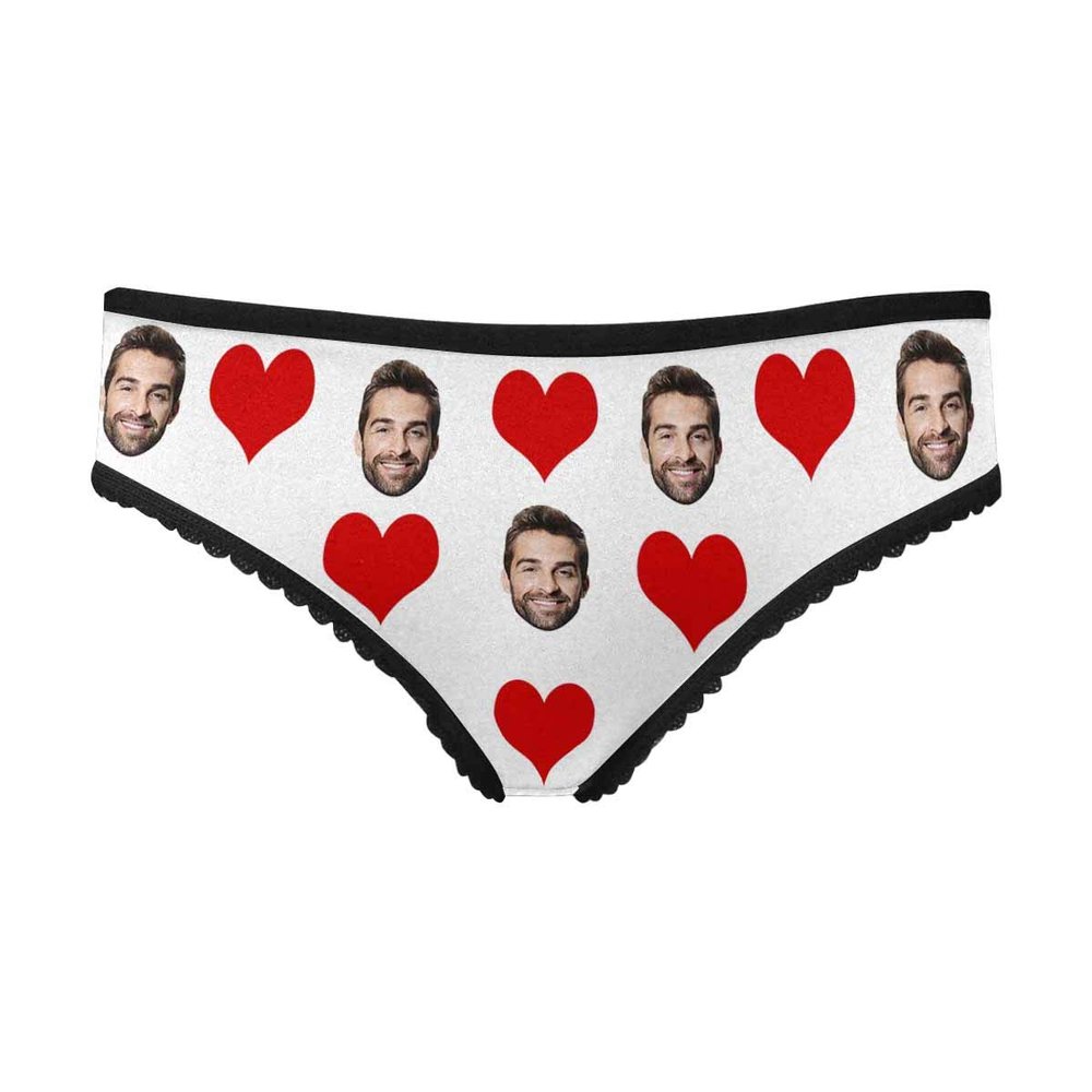 Custom Personalized Face Red Love Heart White Women's High-Cut Brief Panty Underwear XXL
