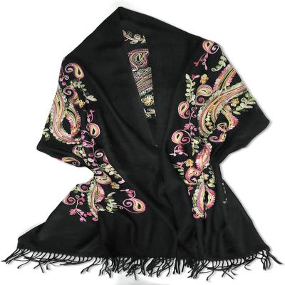 Urban CoCo Women's Embroidered Oversize Tassel Shawl Scarf (#1-Black)