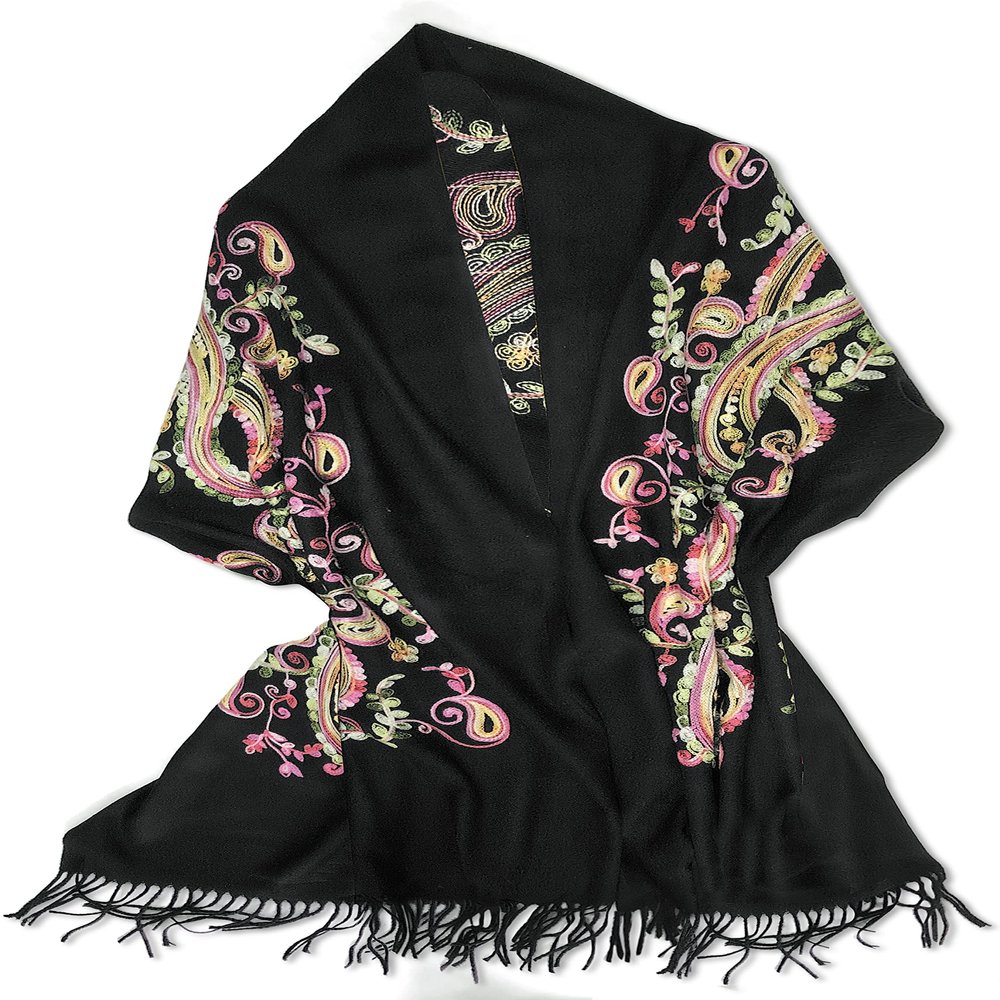 Urban CoCo Women's Embroidered Oversize Tassel Shawl Scarf (#1-Black)