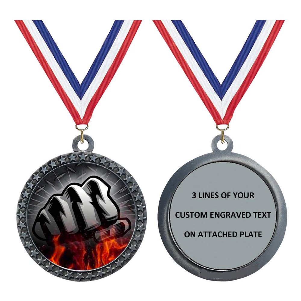 Express Medals Engraved Martial Arts Fist Silver Medal Trophy Award with Personalized Custom Text LD212-FCL507 50PK