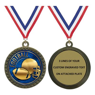 Custom Engraved 2-1/2 inch Metal Football Award Medals with Gold Finish and Attached 2 Inch Full Color Sport Insert. EG28 (Pack of 10)