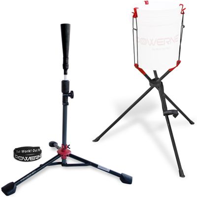 PowerNet Corbin Carroll Baseball Softball Deluxe (2.5 lbs) Batting Tee + Bucket Caddy Lifter Bundle, Training and Drills, Adjustable Height Tee 27.5" - 44", Lifter Holds All Standard Buckets