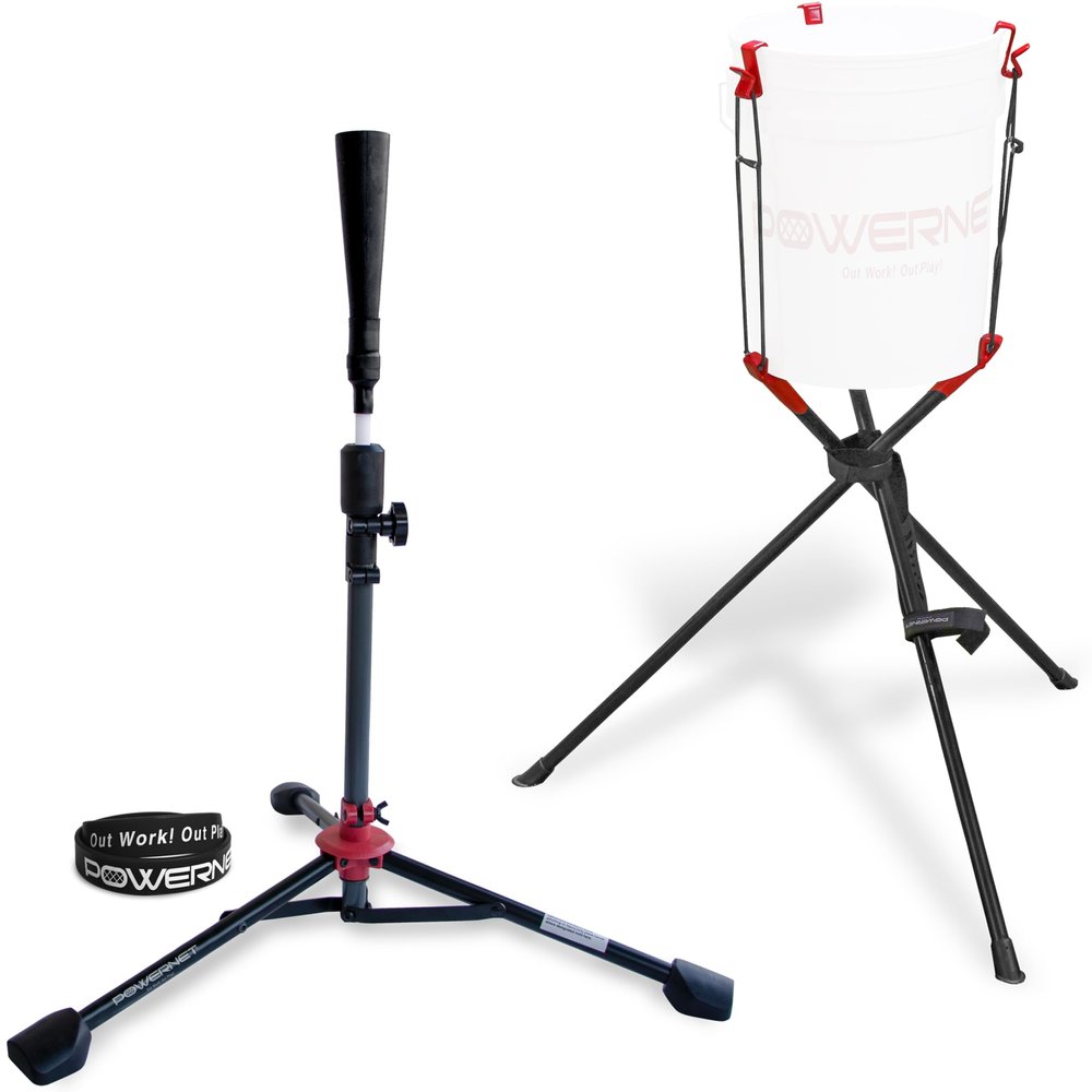 PowerNet Corbin Carroll Baseball Softball Deluxe (2.5 lbs) Batting Tee + Bucket Caddy Lifter Bundle, Training and Drills, Adjustable Height Tee 27.5" - 44", Lifter Holds All Standard Buckets
