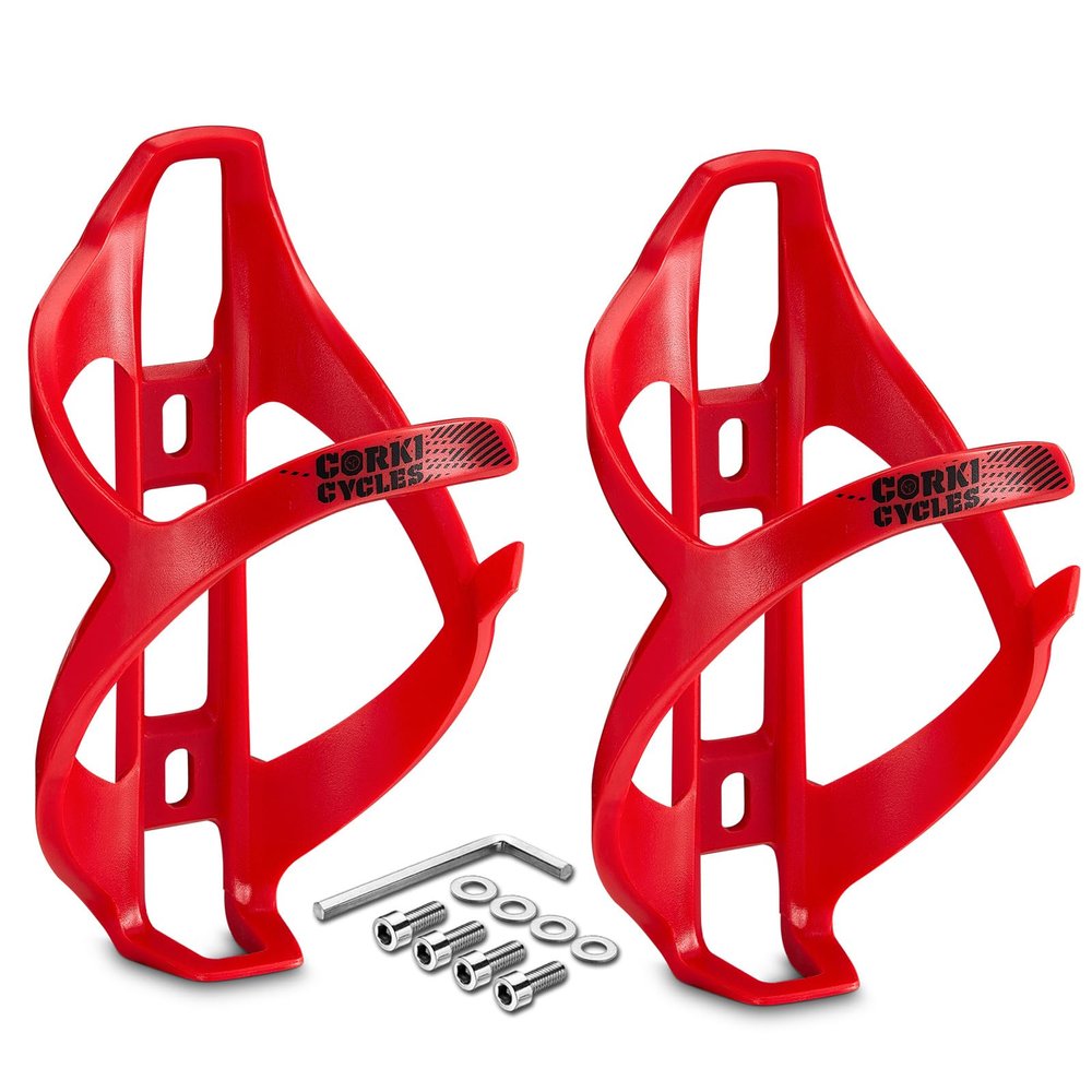 Corki Cycles Bike Water Bottle Holder Right Side Load Water Bottle Cage for Road, MTB, Gravel Bicycle Red 2 Pack