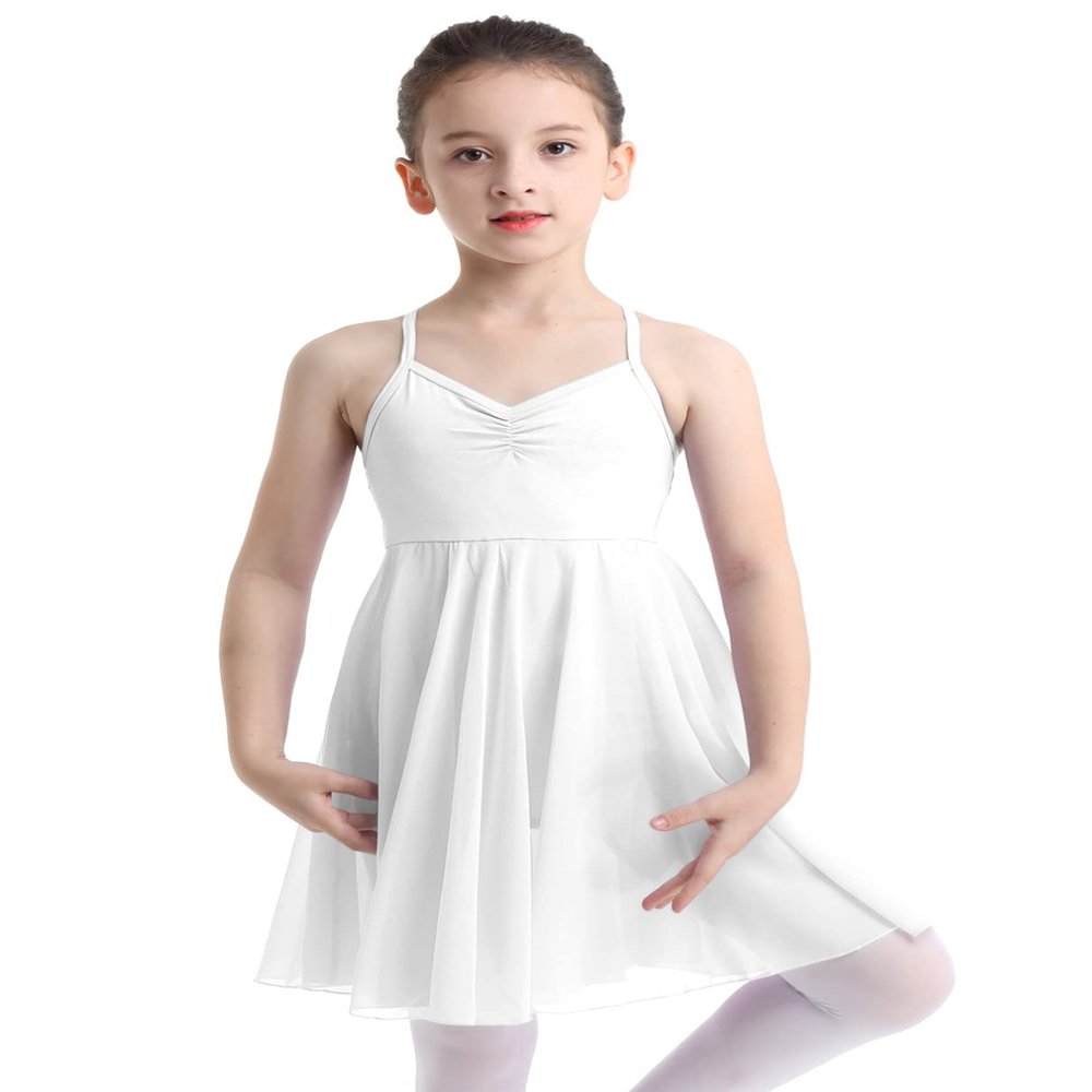 TiaoBug Kid Girls Camisole Ballet Tutu Dress Dancewear Spaghetti Straps Gymnastics Leotard with Tutu Skirt White 7-8