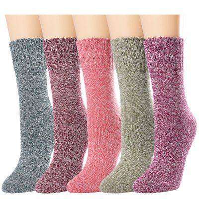 Double Couple 5 Pairs Women Winter Warm Knit Wool Socks Vintage Casual Cozy Crew Socks Comfy Boot Socks Assorted Color (Multicolor-Patchwork)