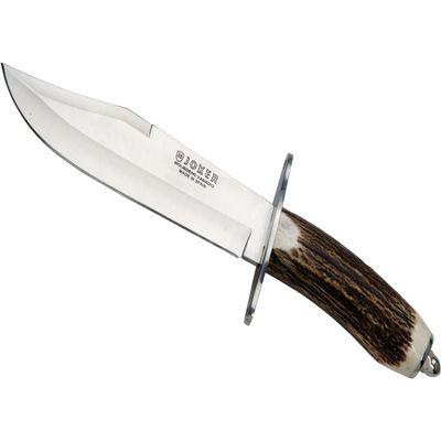 Joker knife CC100 with deer horn handle, MOVA Steel 7.87 inches blade, brown leather sheath, tool for fishing, hunting, camping and hiking