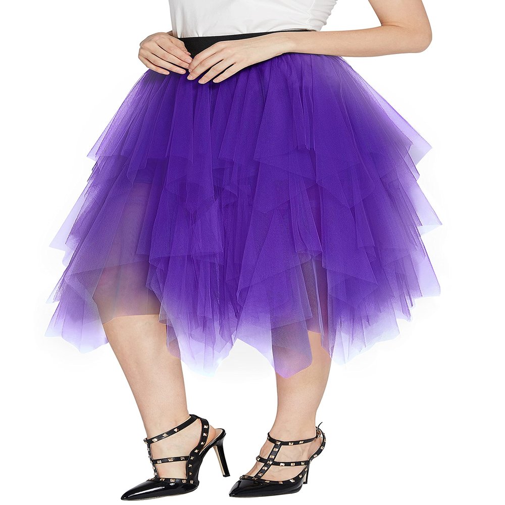 Urban CoCo Women's A-Line Mesh Tutu Skirt Fluffy Layered Tulle Midi Long Skirts with Elastic Waist (M, Deep Purple)