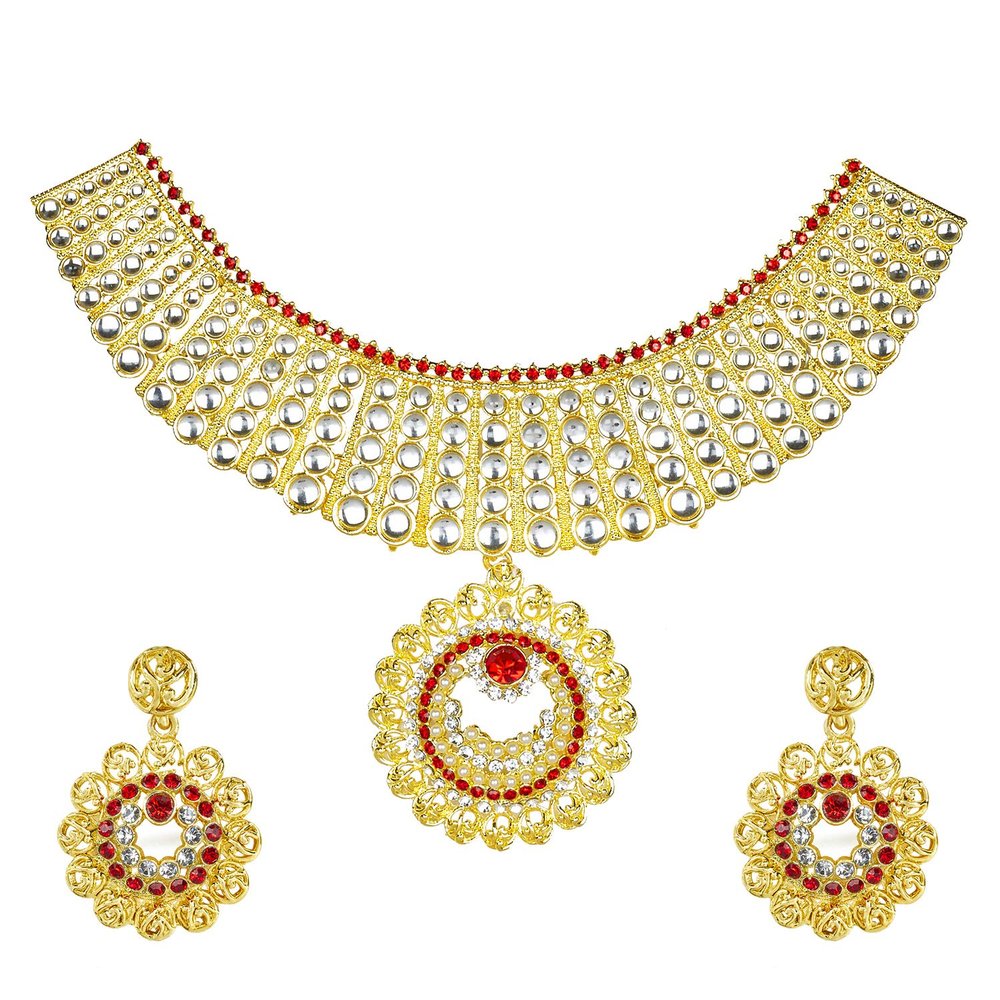 Bodha Traditional Indian Gold Plated Kundan CZ Zircon Austrian Crystal Bridal Choker Jewellery Necklace Set with Earrings for Women (SJ_2809)