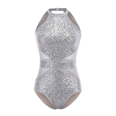 Ulikeey Glitter Sequins Leotard for Girls & Women Semi-Transparent Hollow-Cut Waist Ballet Dance Bodysuit