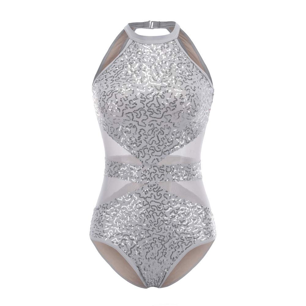 Ulikeey Glitter Sequins Leotard for Girls & Women Semi-Transparent Hollow-Cut Waist Ballet Dance Bodysuit