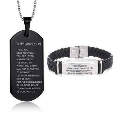 LiFashion LF 316L Stainless Steel Name Customized to My Grandson Jewelry Set Sentiment Motivational Leather Bracelet for Grandson,Dog Tag Necklace for for Birthday from Grandpa Grandma