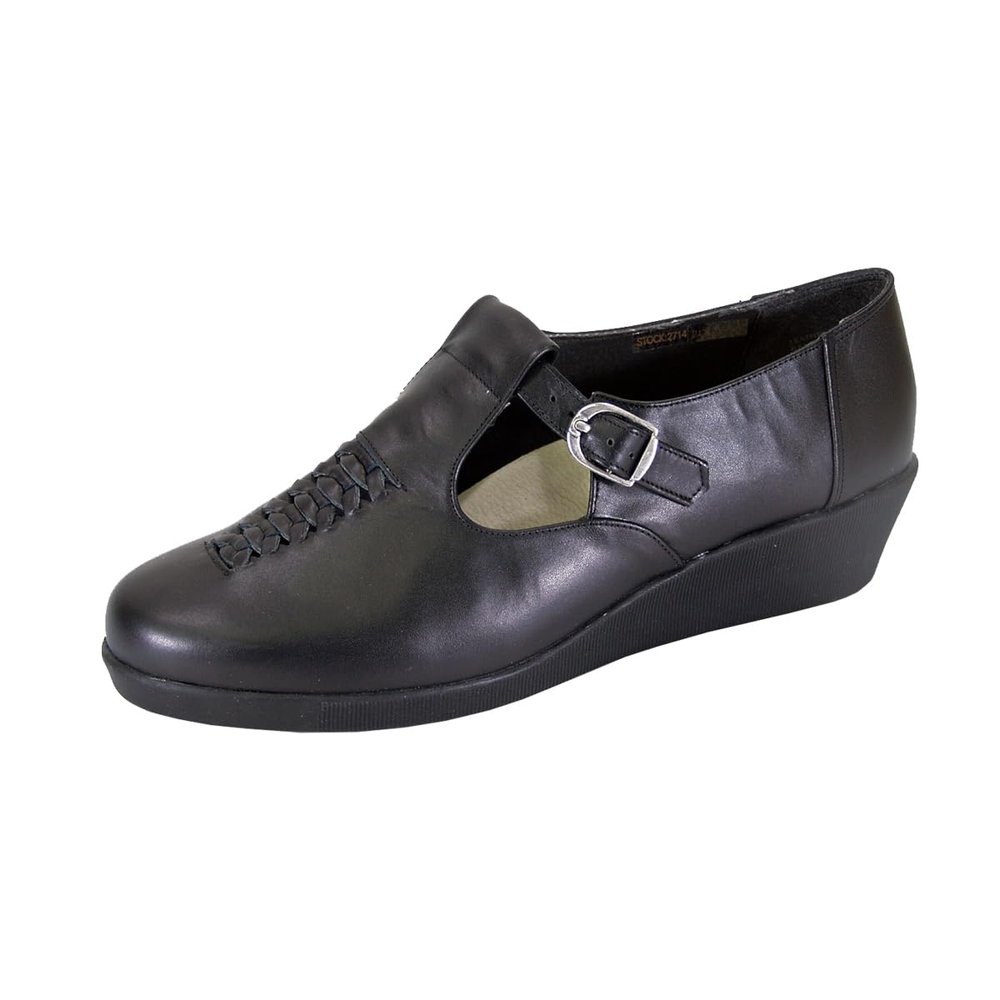 24 Hour Comfort Shona (2714) Women's Wide Width Comfort T-Strap Leather Shoes Black 6.5