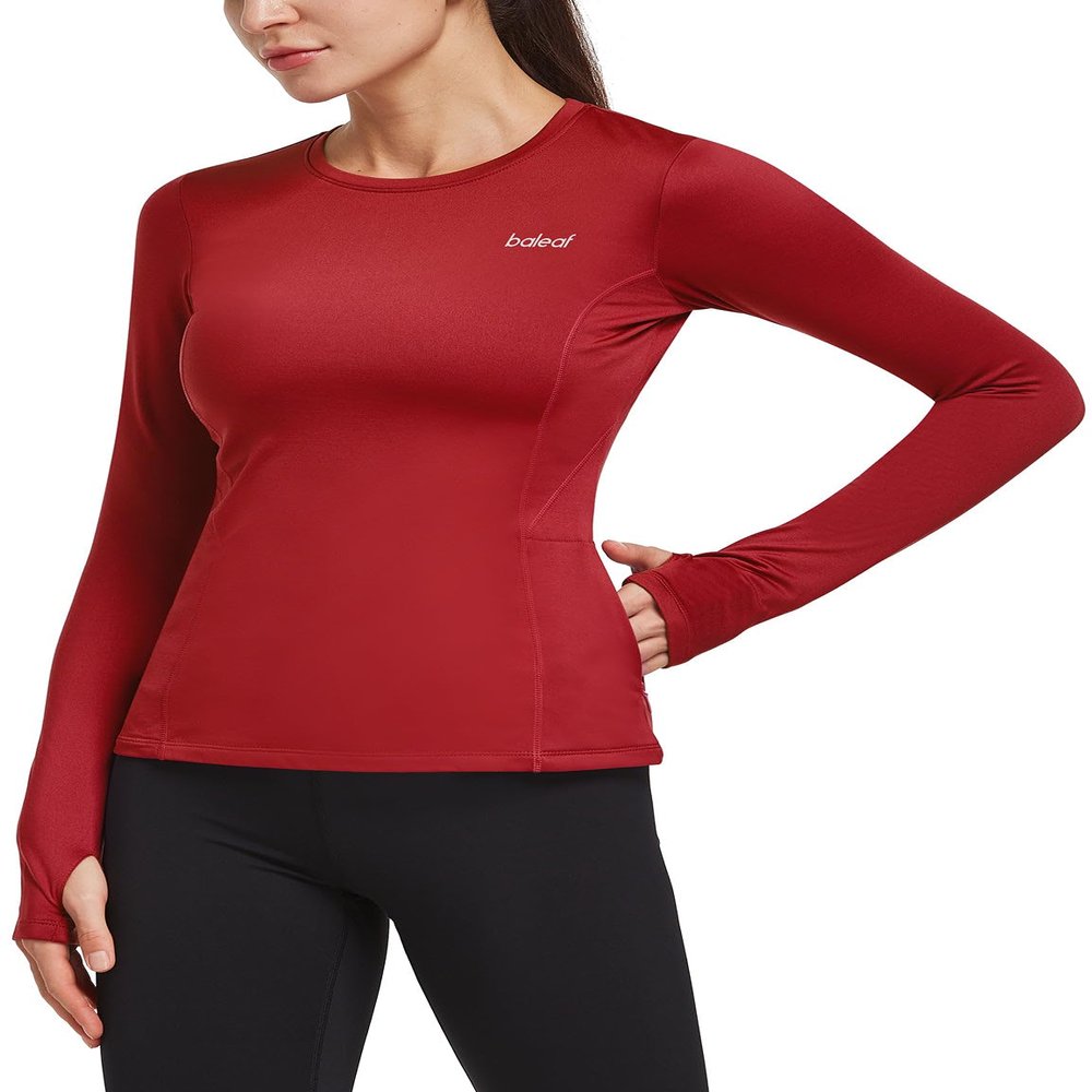 baleaf Women's Thermal Shirts Long Sleeve Workout Tops Running Athletic Zipper Pocket Fleece Lined Cold Weather Gear Winter Thumbholes Red L