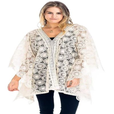 Lace Swim Cover-Up, Ivory Bo-Ho Floral Poncho Shawl (XL)