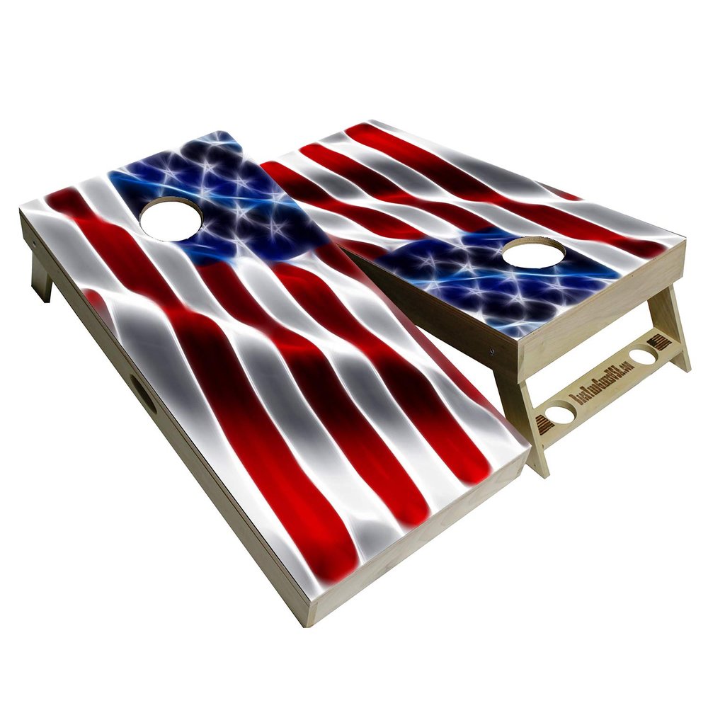 American Flag Series - Premium Cornhole Boards w Cupholders and a Handle - Includes 2 Regulation 4' x 2' Cornhole Boards w Premium Birch Plywood and 8 Cornhole Bags (Wavy Flag)