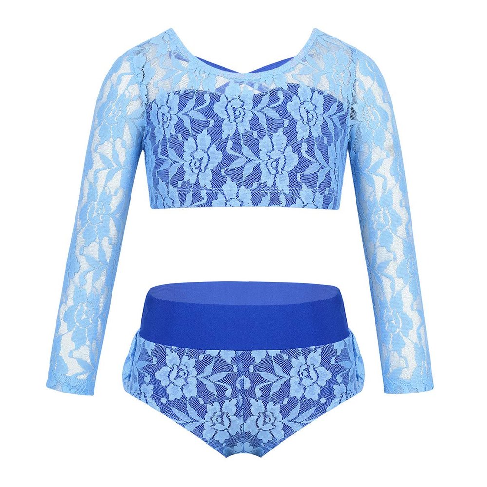 Agoky Little Big Girls Ballet Gym 2PCS Sequins Mermaid Tank Top Shorts Set Tankini Swimwear or Gymnastics Leotard Sky_Blue Lace 13-14