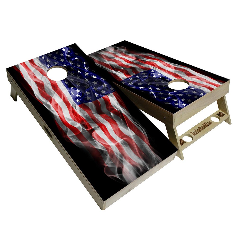 American Flag Series - Premium Cornhole Boards w Cupholders and a Handle - Includes 2 Regulation 4' x 2' Cornhole Boards w Premium Birch Plywood and 8 Cornhole Bags (Windy Flag)