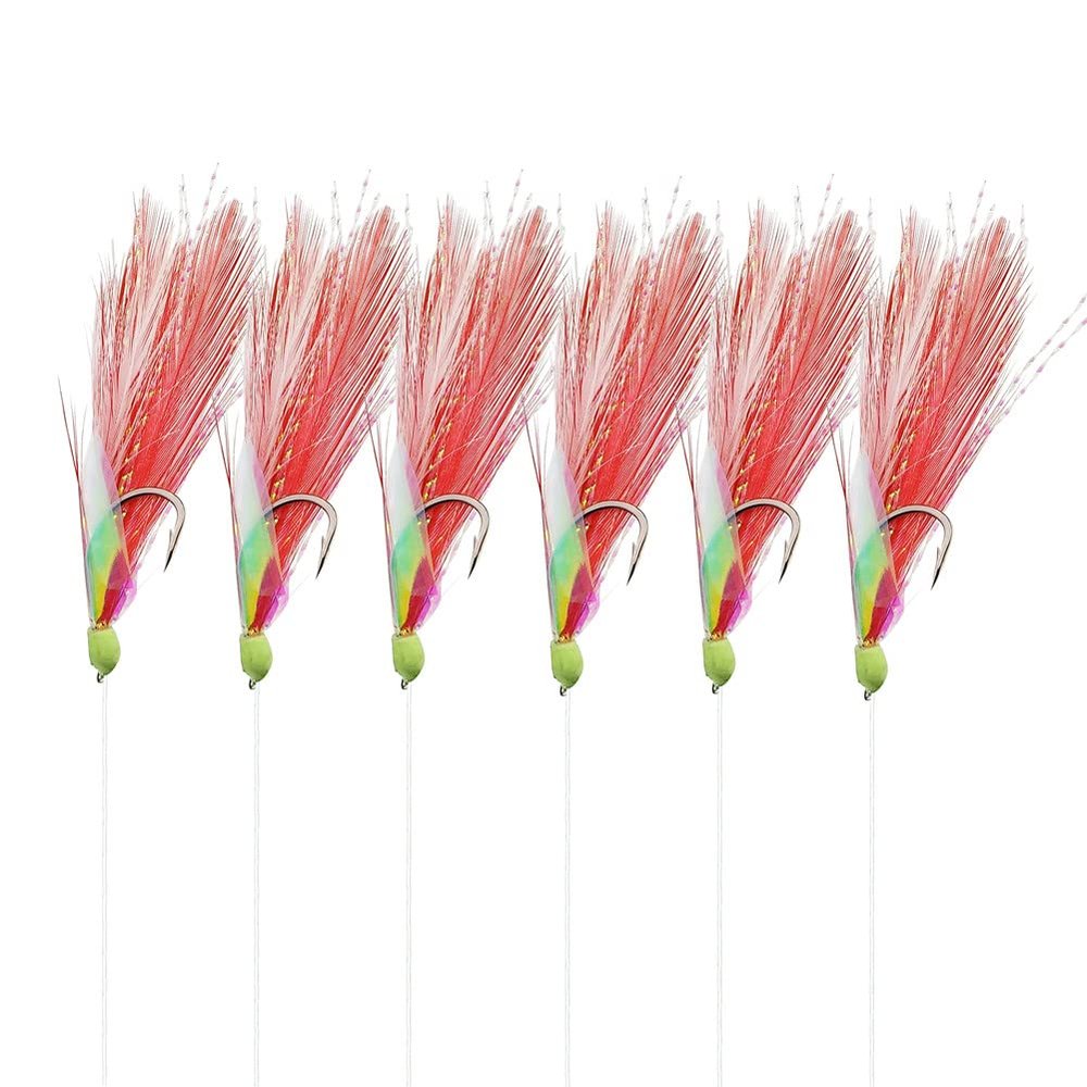 10Packs 6 Hook/Set Fishing Rigs White & Red Feather Fishskin String Hook Fishing Lure Saltwater Freshwater Bait Rig Tanckle 2/0#1/0#1#2#4#6#8#10# (red, 7#)