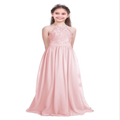 Moily Kids Girls Halter Neck Floral Lace Chiffon Maxi Dress Junior Bridesmaid Wedding Party Ball Gowns Pearl Pink 12 Years