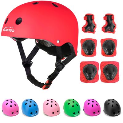 KAMUGO Kids Adjustable Helmet, with Sports Protective Gear Set Knee Elbow Wrist Pads for Toddler Age 3-8 Boys Girls, Bike Skateboard Hoverboard Scooter Rollerblading Helmet Set (Red)