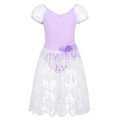 FEESHOW Girls Lace Short Sleeve Ballet Dance Leotard with Skirt Ballerina Dancewear Costumes Lavender 14