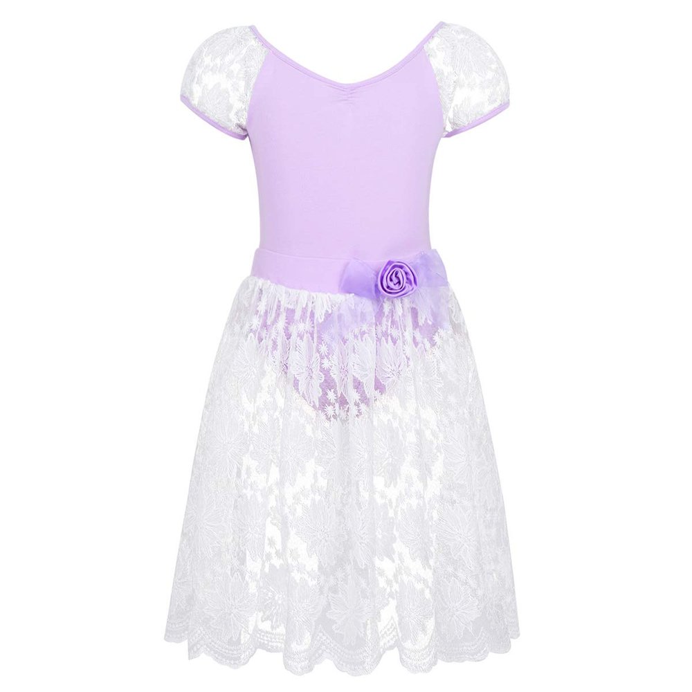FEESHOW Girls Lace Short Sleeve Ballet Dance Leotard with Skirt Ballerina Dancewear Costumes Lavender 14