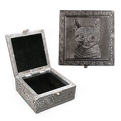 Glorieux Vintage Jewelry Box Case | 9 Styles | Bronze or Silver Metallic Metal Plating with Floral Accent Designs | Perfect for Earrings Necklaces and Rings (Silver Cat)