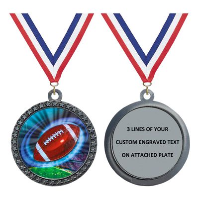 Engraved Football Silver Medal Trophy Award with Personalized Custom Text LD212-MY422 50PK