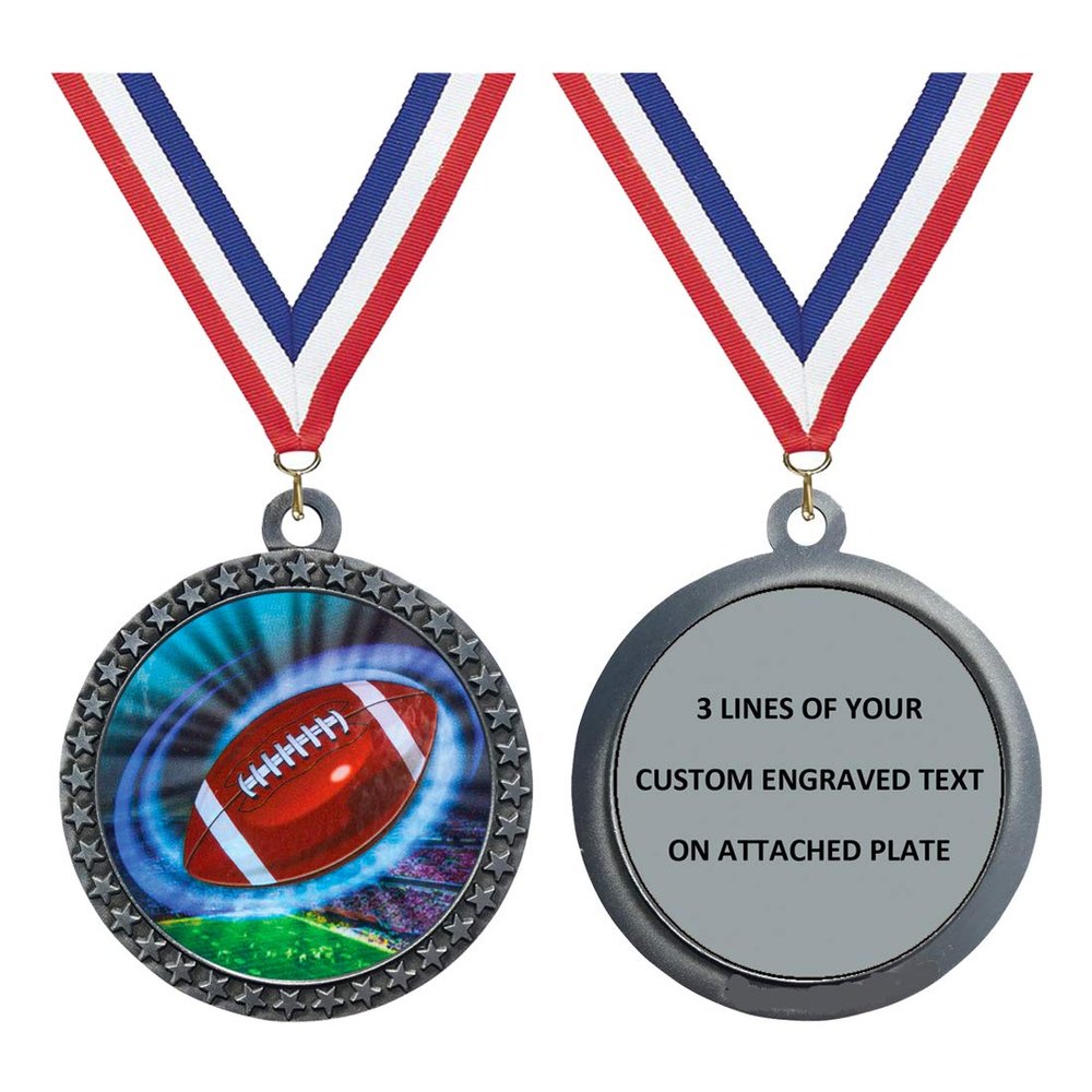 Engraved Football Silver Medal Trophy Award with Personalized Custom Text LD212-MY422 50PK